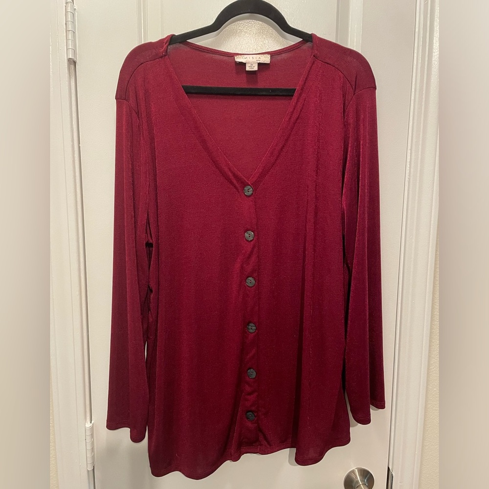 Maroon stretchy long sleeve button down.